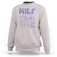 Ice gray crewneck sweatshirt with blue “MILF” graphic and small text above
