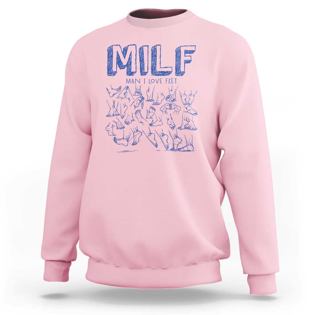 Light pink crewneck sweatshirt with blue “MILF” graphic and small text above