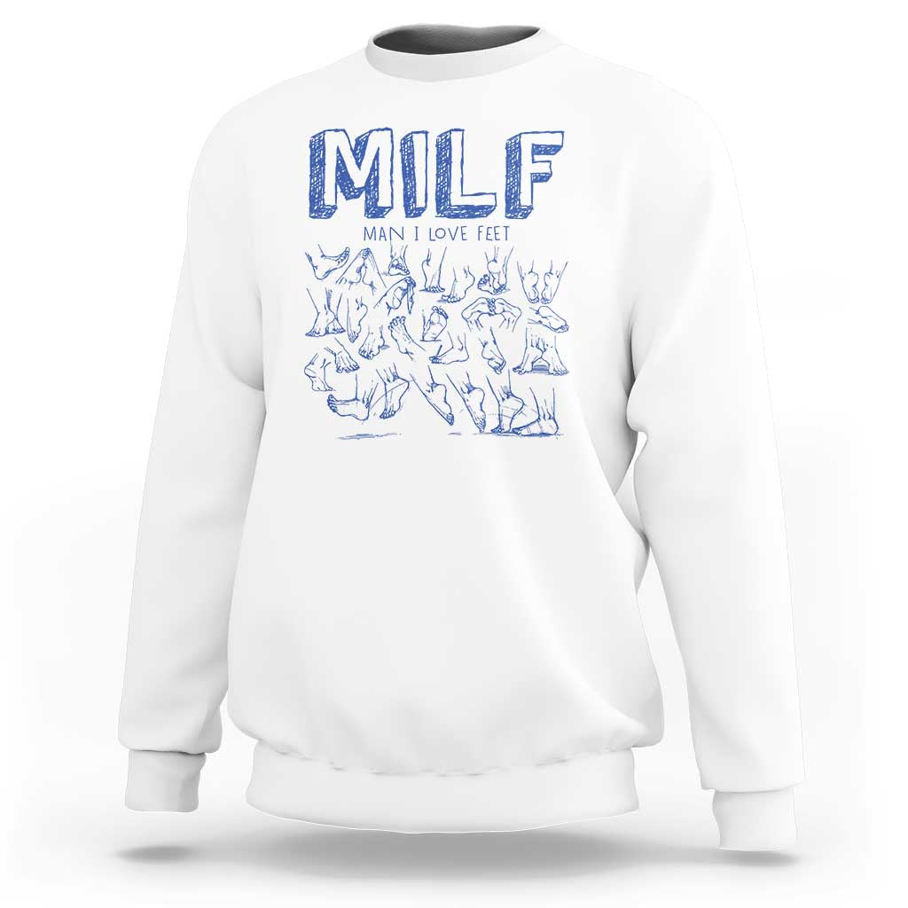 White crewneck sweatshirt with blue “MILF” graphic and small text above