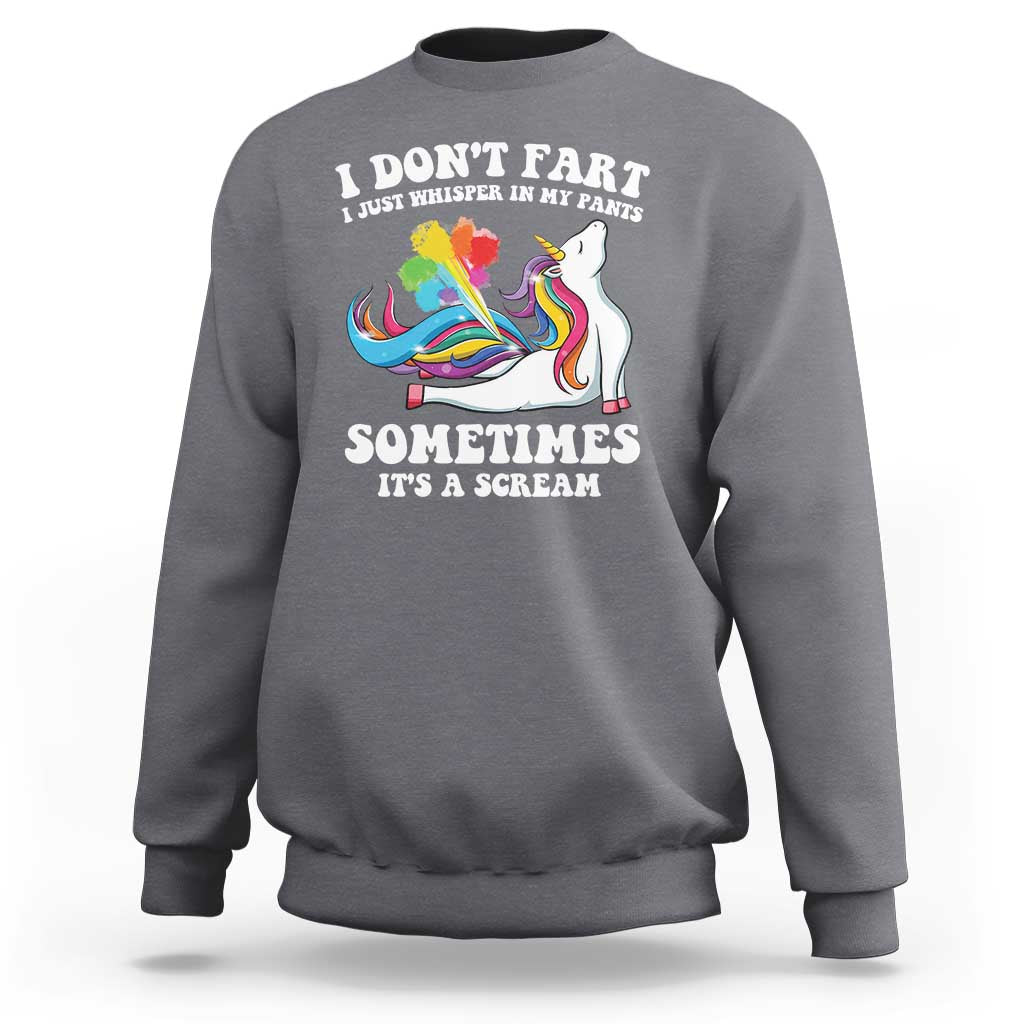 Charcoal gray crewneck sweatshirt with colorful unicorn graphic and funny slogan print