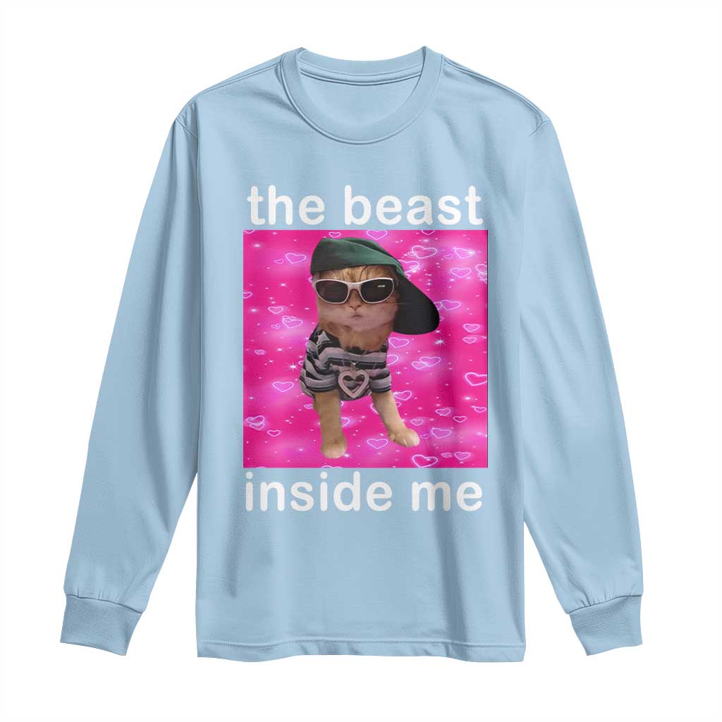 Light blue long sleeve cat meme shirt with "the beast inside me" graphic