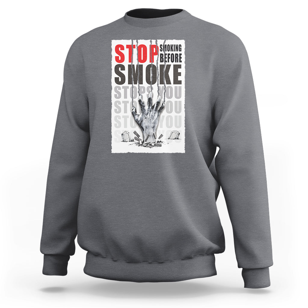 Charcoal unisex sweatshirt with front “STOP SMOKE” graphic print