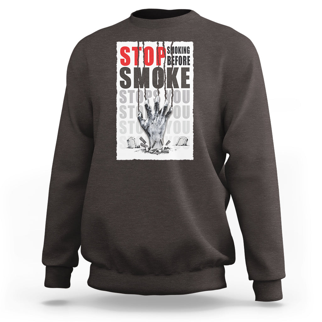 Dark chocolate unisex sweatshirt with front “STOP SMOKE” graphic print