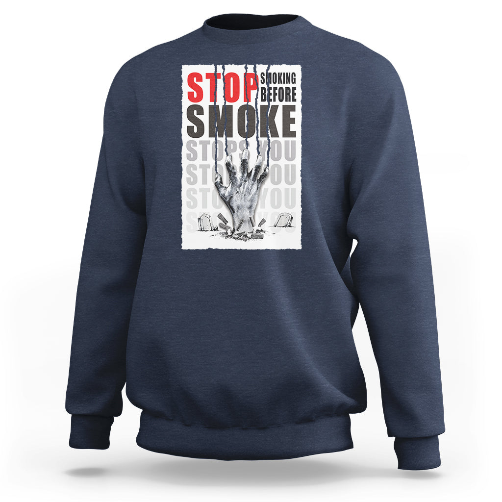 Navy unisex sweatshirt with front “STOP SMOKE” graphic print