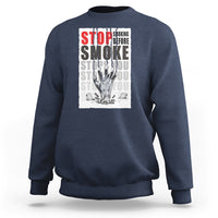 Navy unisex sweatshirt with front “STOP SMOKE” graphic print