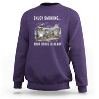 Anti-smoking sweatshirt in purple with front print: ENJOY SMOKING… YOUR SPACE IS READY