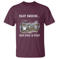 Anti smoking T-shirt, maroon with front graphic and "ENJOY SMOKING..." text