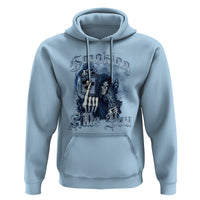 Light blue hoodie with front kangaroo pocket and blue skeleton graphic