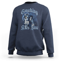 Navy crewneck sweatshirt with blue skeleton smoking graphic on front