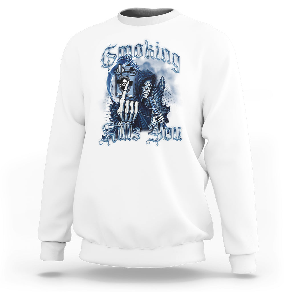 White crewneck sweatshirt with blue skeleton smoking graphic on front