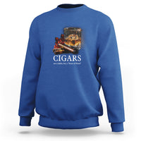 Royal blue sweatshirt with cigar graphic and 'CIGARS' text on chest