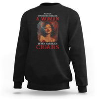 Black women's crewneck sweatshirt with back graphic of woman smoking cigars