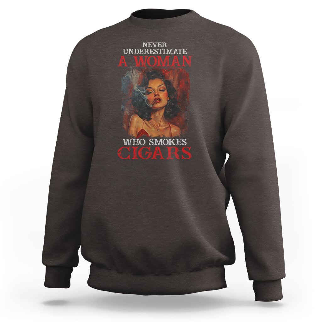 Dark chocolate brown women's crewneck sweatshirt with back graphic of woman smoking cigars