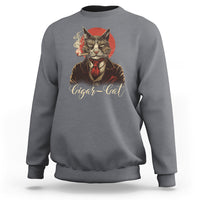 Gray cat-themed sweatshirt with large chest graphic of a cigar-smoking cat
