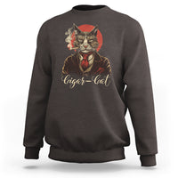 Charcoal cat-themed sweatshirt with large chest graphic of a cigar-smoking cat