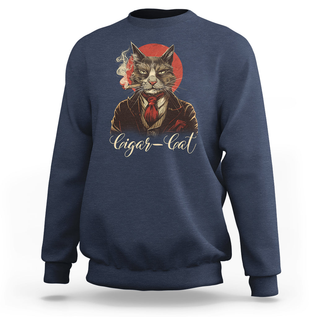 Navy cat-themed sweatshirt with large chest graphic of a cigar-smoking cat