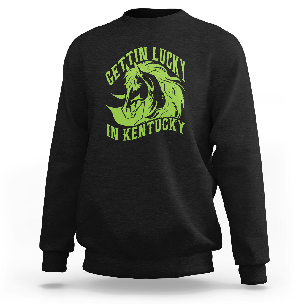 Black horse racing sweatshirt with green horse head graphic and Kentucky text