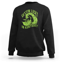 Black horse racing sweatshirt with green horse head graphic and Kentucky text
