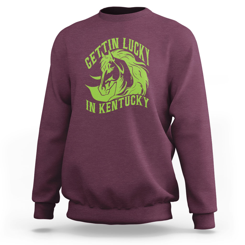 Maroon horse racing sweatshirt with green horse head graphic and Kentucky text