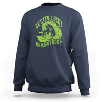 Navy horse racing sweatshirt with green horse head graphic and Kentucky text