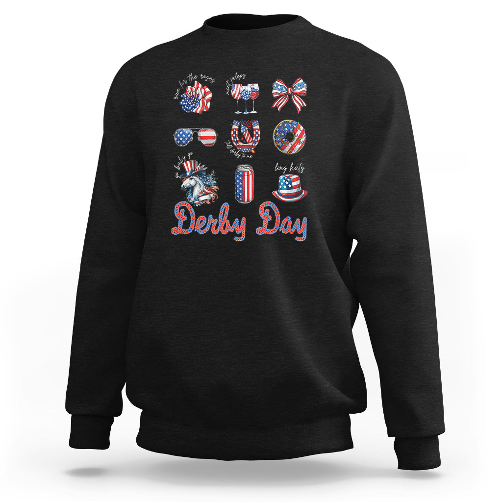 Black Derby Day horse racing sweatshirt with patriotic horse and “Derby Day” graphic