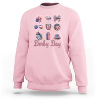Light pink Derby Day horse racing sweatshirt with patriotic horse and “Derby Day” graphic
