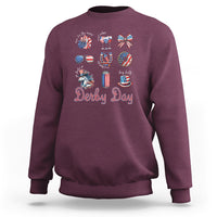 Maroon Derby Day horse racing sweatshirt with patriotic horse and “Derby Day” graphic