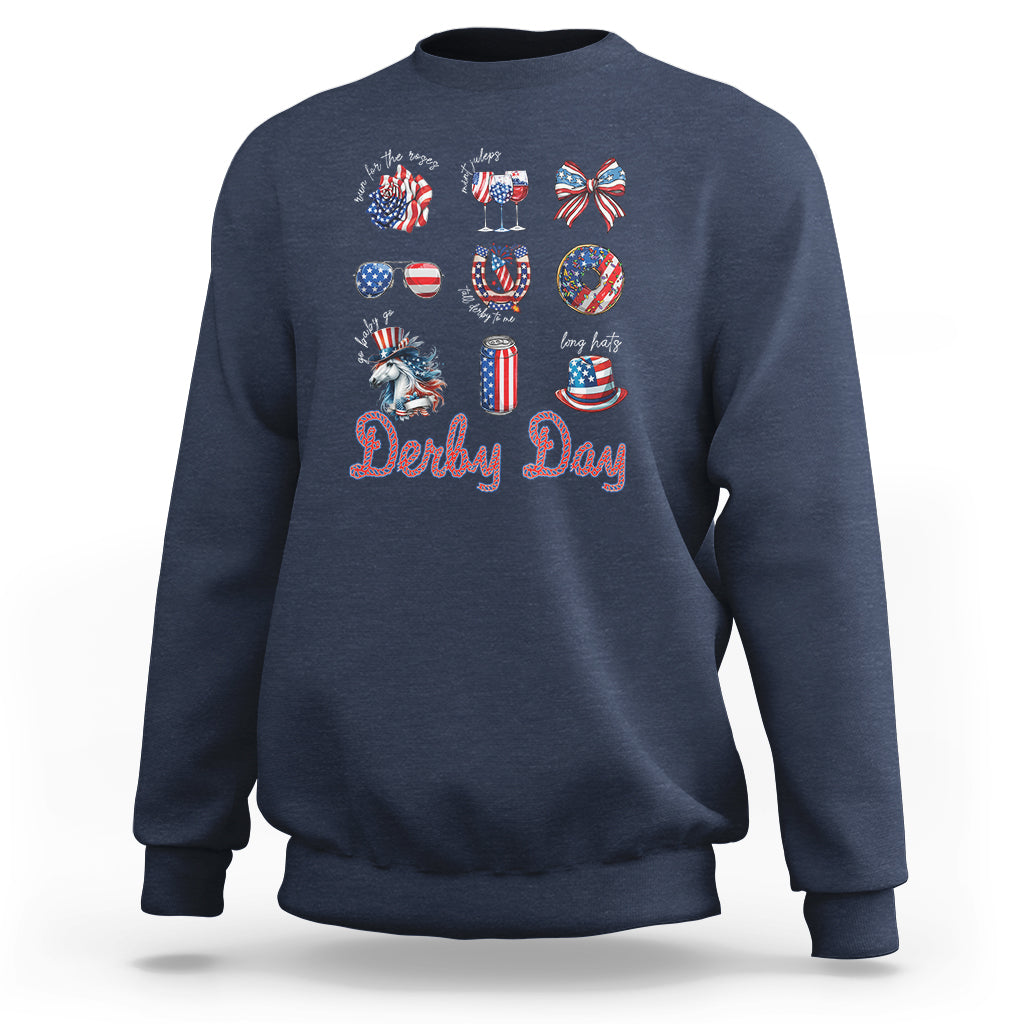 Navy Derby Day horse racing sweatshirt with patriotic horse and “Derby Day” graphic
