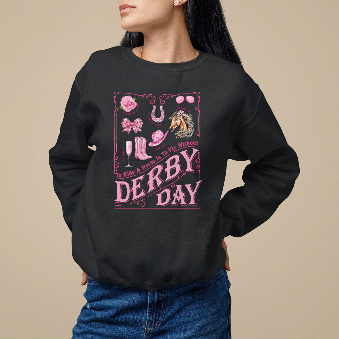Black crewneck sweatshirt with pink Derby Day graphic front, long sleeves