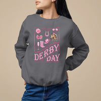 Charcoal crewneck sweatshirt with pink Derby Day graphic front, long sleeves