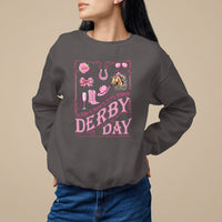 Dark chocolate crewneck sweatshirt with pink Derby Day graphic front, long sleeves