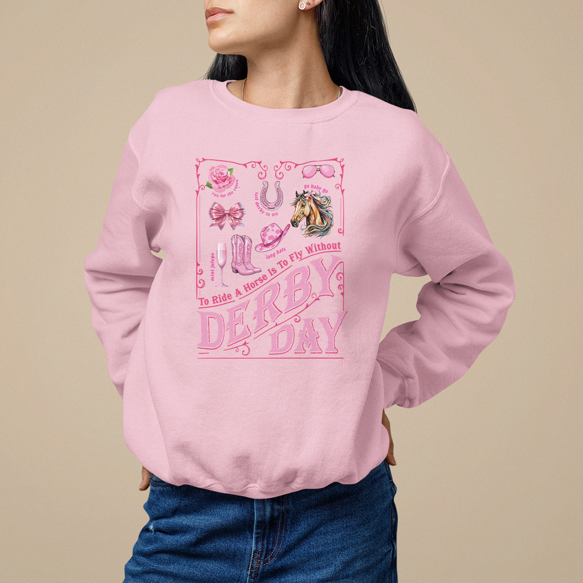 Light pink crewneck sweatshirt with pink Derby Day graphic front, long sleeves