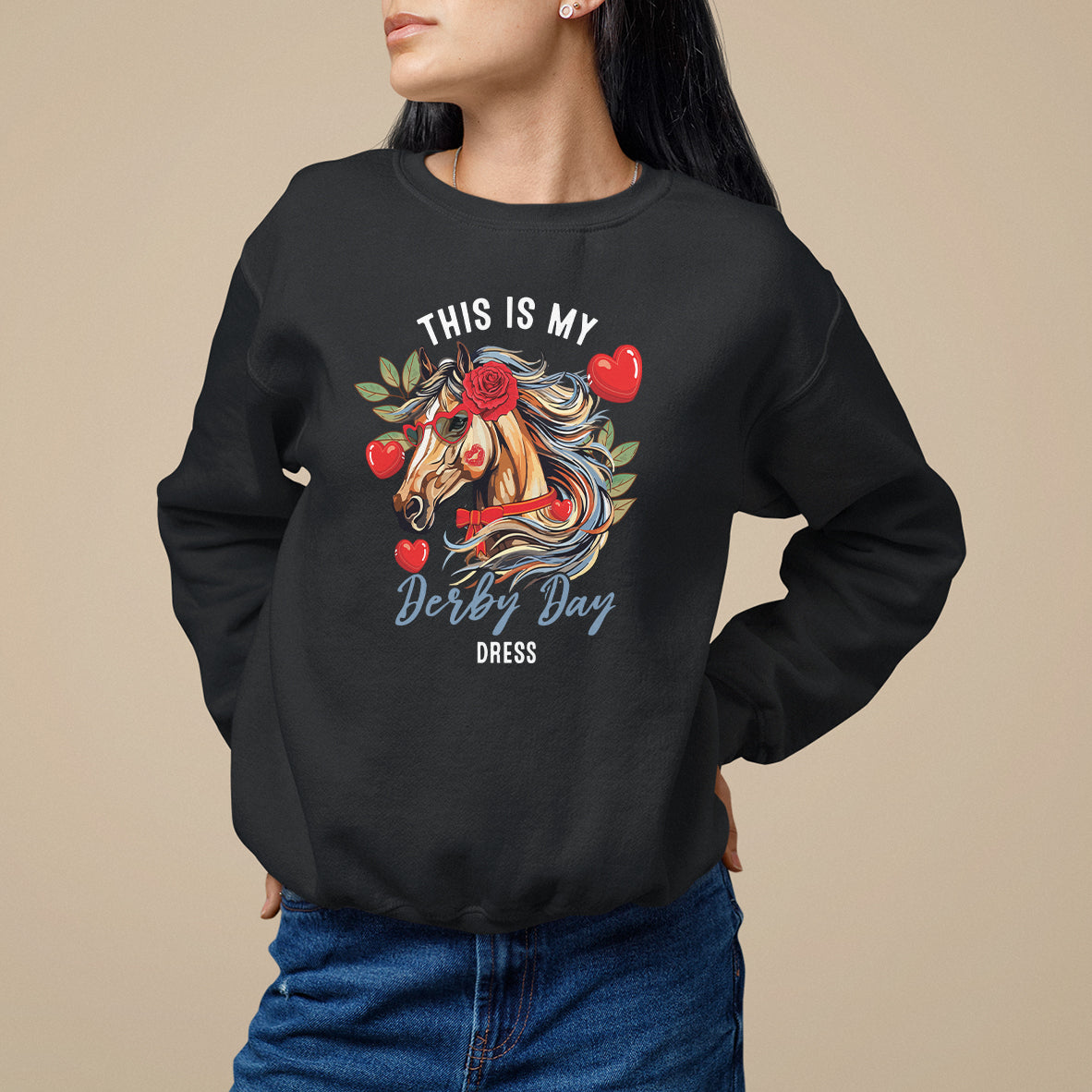 Black horse racing sweatshirt with front horse graphic, hearts, and “Derby Day” text