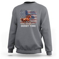 Charcoal gray horse racing sweatshirt with American flag and brown horse graphic, "DERBY TIME".