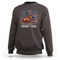 Dark chocolate brown horse racing sweatshirt with American flag and brown horse graphic, "DERBY TIME".