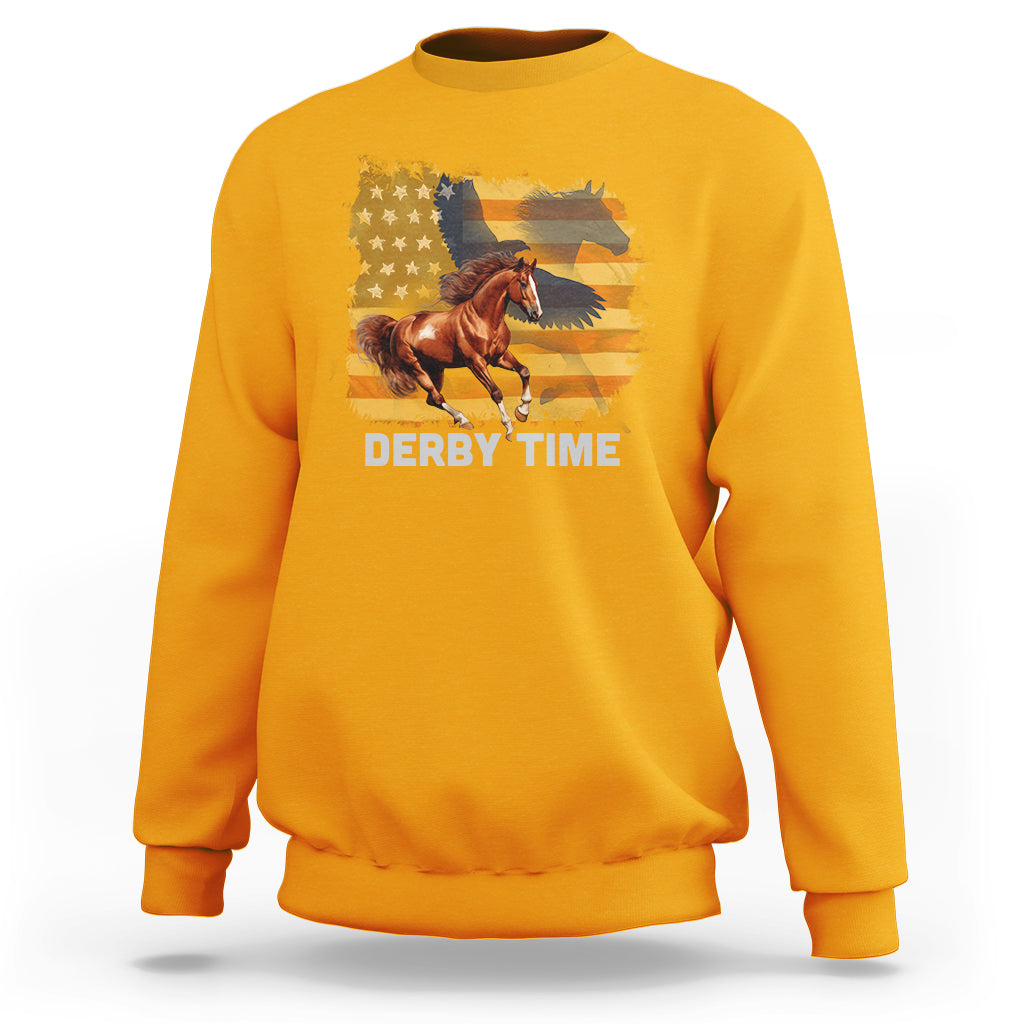 Gold yellow horse racing sweatshirt with American flag and brown horse graphic, "DERBY TIME".