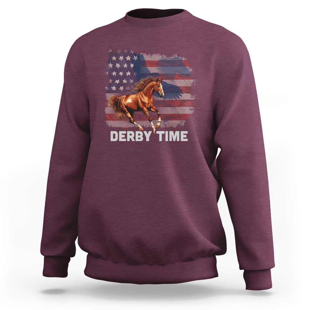Maroon horse racing sweatshirt with American flag and brown horse graphic, "DERBY TIME".