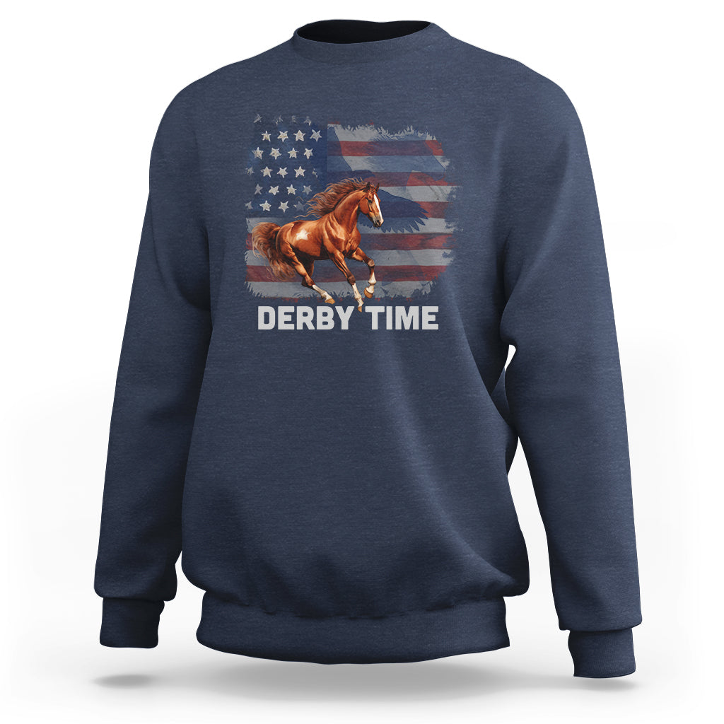 Navy horse racing sweatshirt with American flag and brown horse graphic, "DERBY TIME".