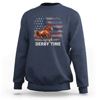 Navy horse racing sweatshirt with American flag and brown horse graphic, "DERBY TIME".