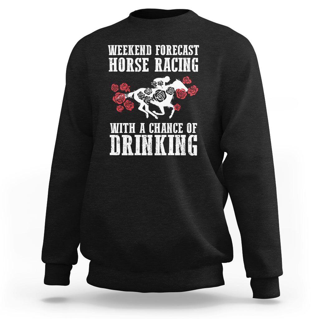 Black crewneck sweatshirt with horse racing slogan graphic on front