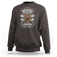 Dark chocolate horse racing sweatshirt with “Weekend Forecast” graphic and ornate horse design
