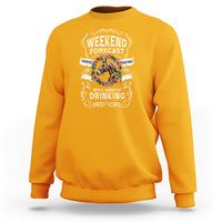 Gold horse racing sweatshirt with “Weekend Forecast” graphic and ornate horse design