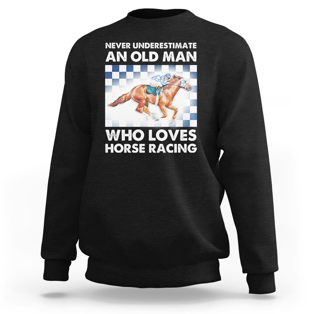 Black crewneck sweatshirt with horse racing graphic and 'WHO LOVES HORSE RACING' text