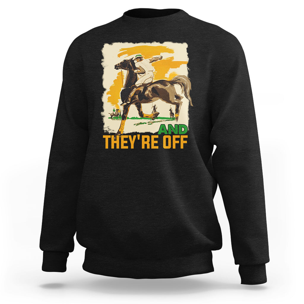 Black horse racing sweatshirt with horse graphic and 'AND THEY'RE OFF' print