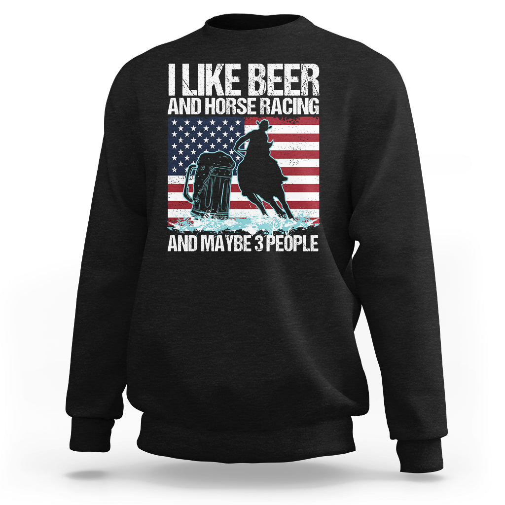 Black sweatshirt with beer and horse racing graphic and striped stars print
