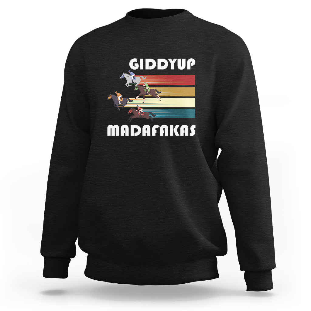 Black horse racing sweatshirt with front graphic of horses and stacked text