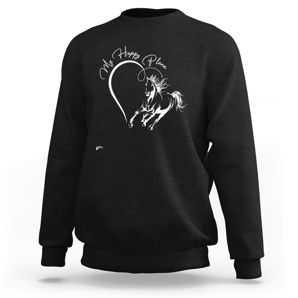 Black horse lover sweatshirt with 'Happy Place' script and white horse graphic