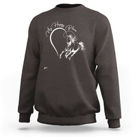 Dark chocolate horse lover sweatshirt with 'Happy Place' script and white horse graphic