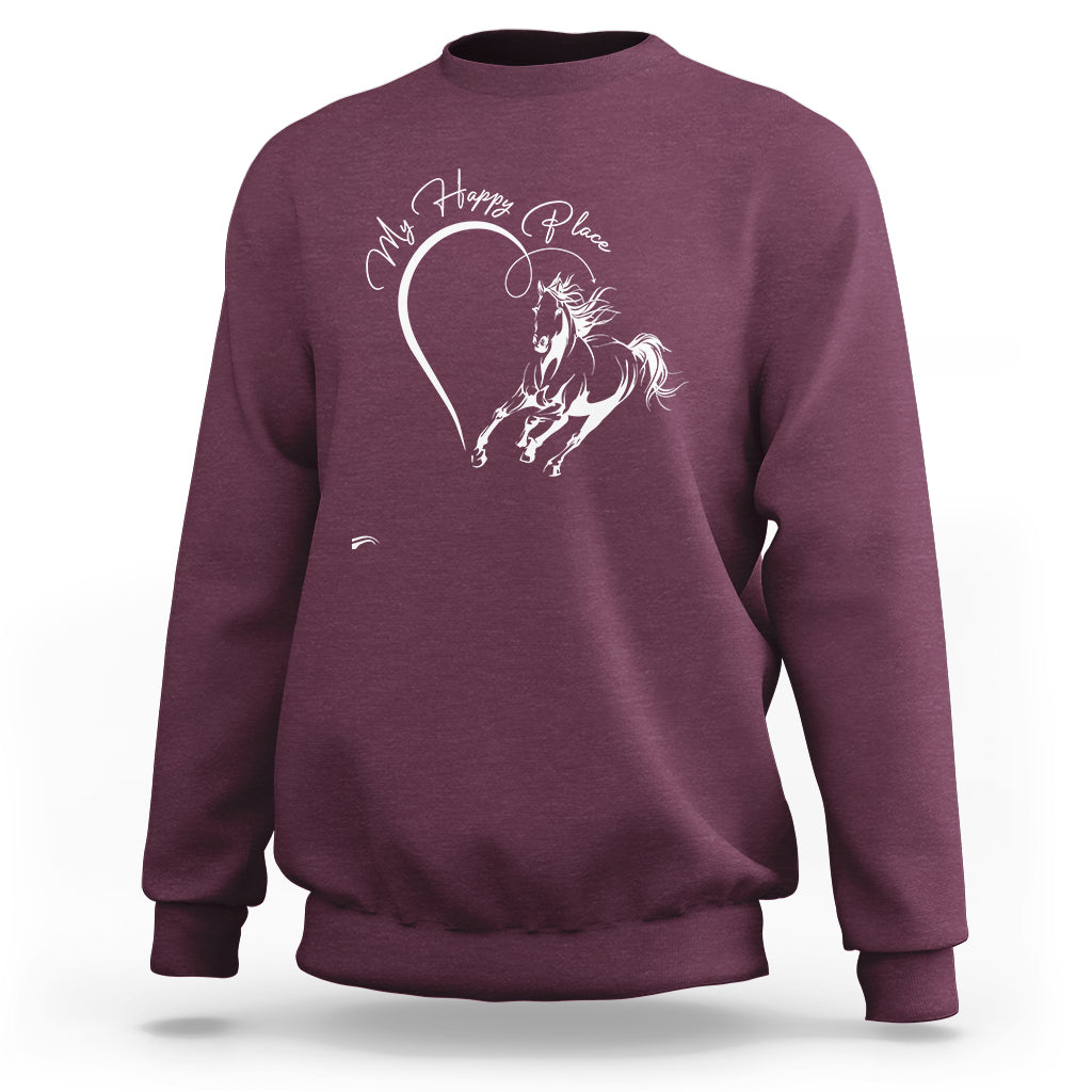 Maroon horse lover sweatshirt with 'Happy Place' script and white horse graphic