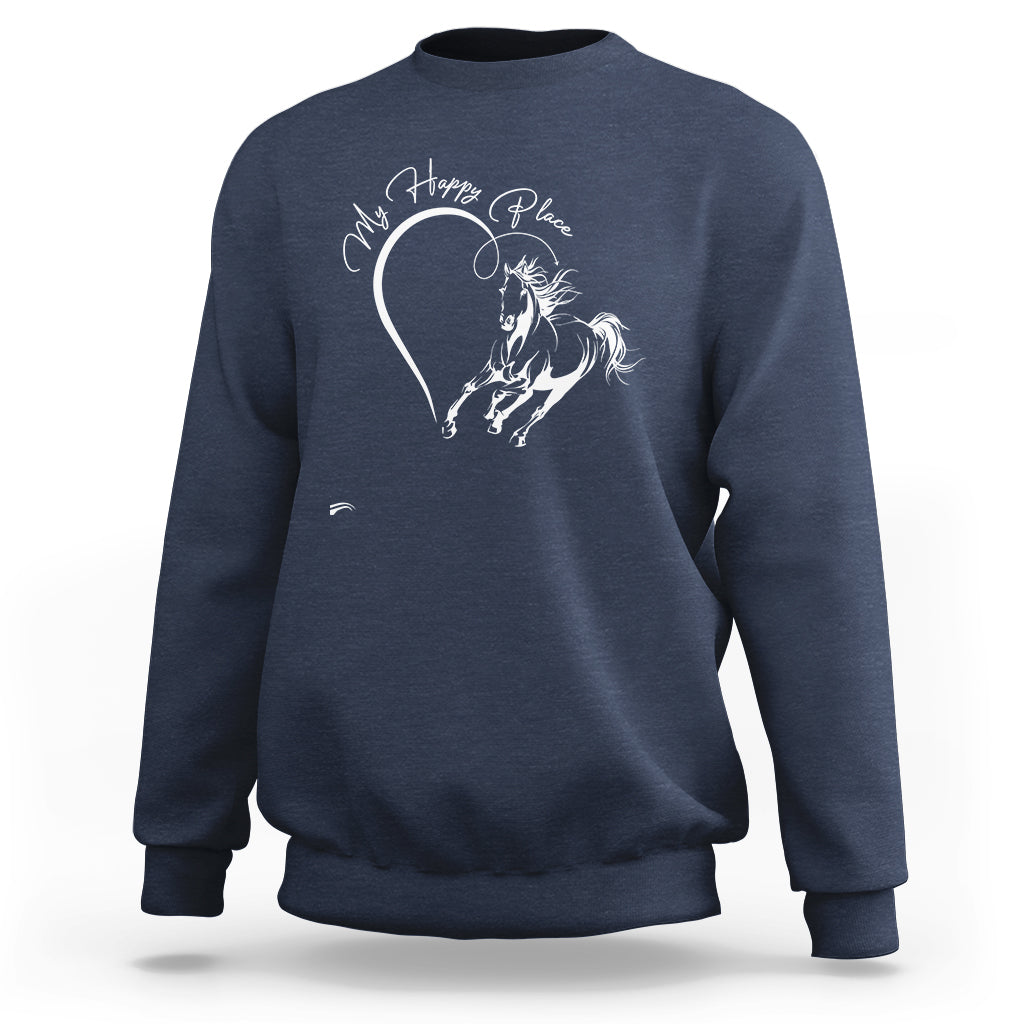 Navy horse lover sweatshirt with 'Happy Place' script and white horse graphic